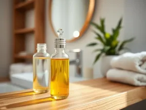 Dłonie kobiety trzymające peeling do skóry głowy i drewnianą szczotkę na jasnym blacie w minimalistycznej łazience