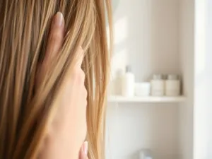 Dłonie kobiety trzymające peeling do skóry głowy i drewnianą szczotkę na jasnym blacie w minimalistycznej łazience