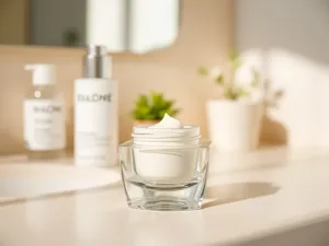 Eleganckie słoiczki kremów na minimalistycznej półce łazienkowej, tworzące spokojną, spa‑like atmosferę pielęgnacji przeciwzmarszczkowej.