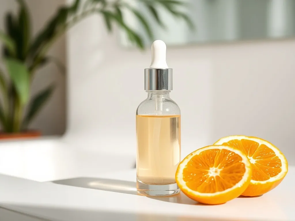 Szklana butelka z serum z witaminą C obok plasterków pomarańczy, minimalistyczna aranżacja pielęgnacji twarzy.