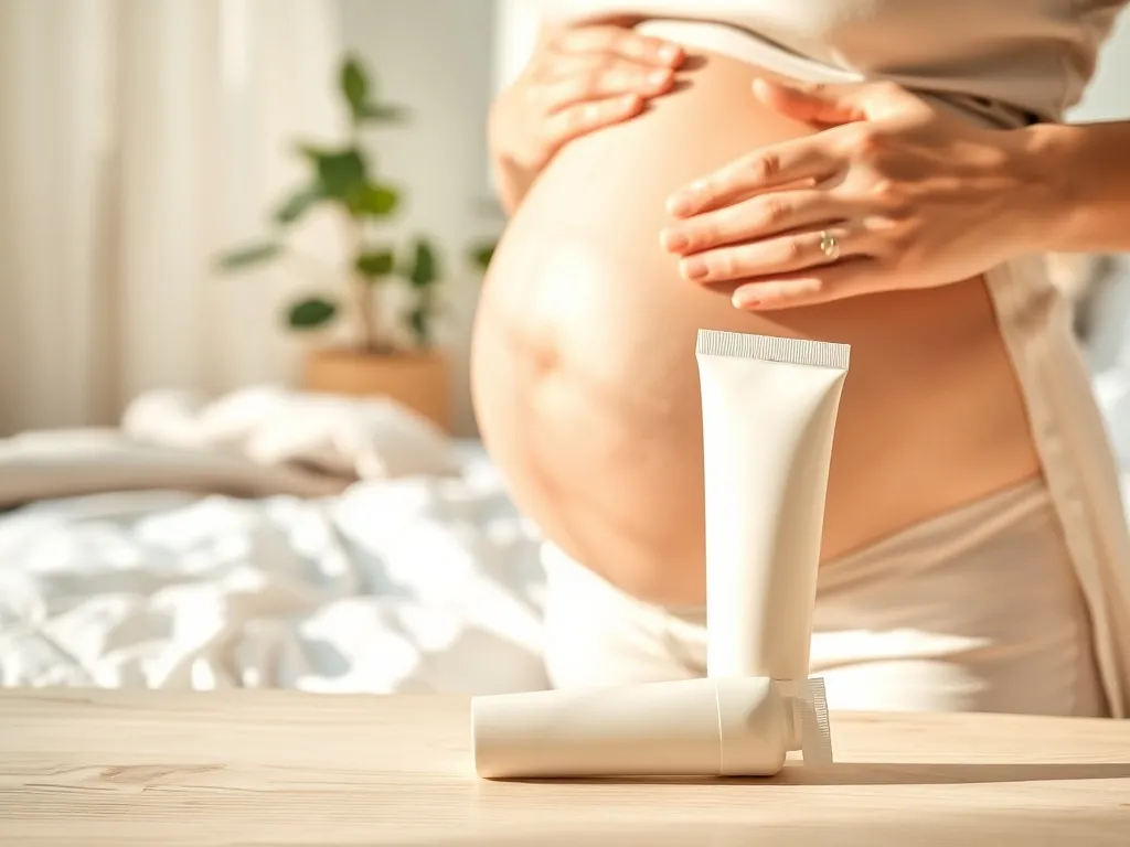 Ciężarna kobieta delikatnie smaruje brzuch kremem na rozstępy w jasnej, przytulnej sypialni, podkreślając pielęgnację w ciąży.