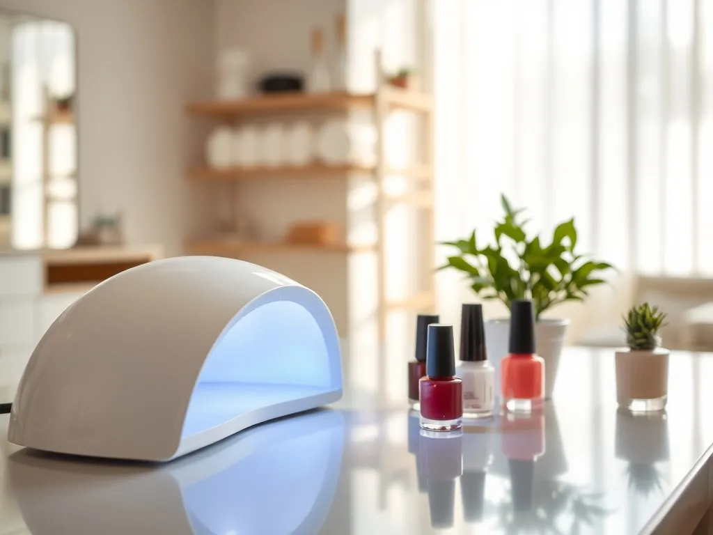 Nowoczesna lampa LED do paznokci na minimalistycznym stoliku manicure, obok lakierów i rośliny w eleganckim salonie.