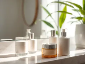 Szklana butelka z serum z witaminą C obok plasterków pomarańczy, minimalistyczna aranżacja pielęgnacji twarzy.
