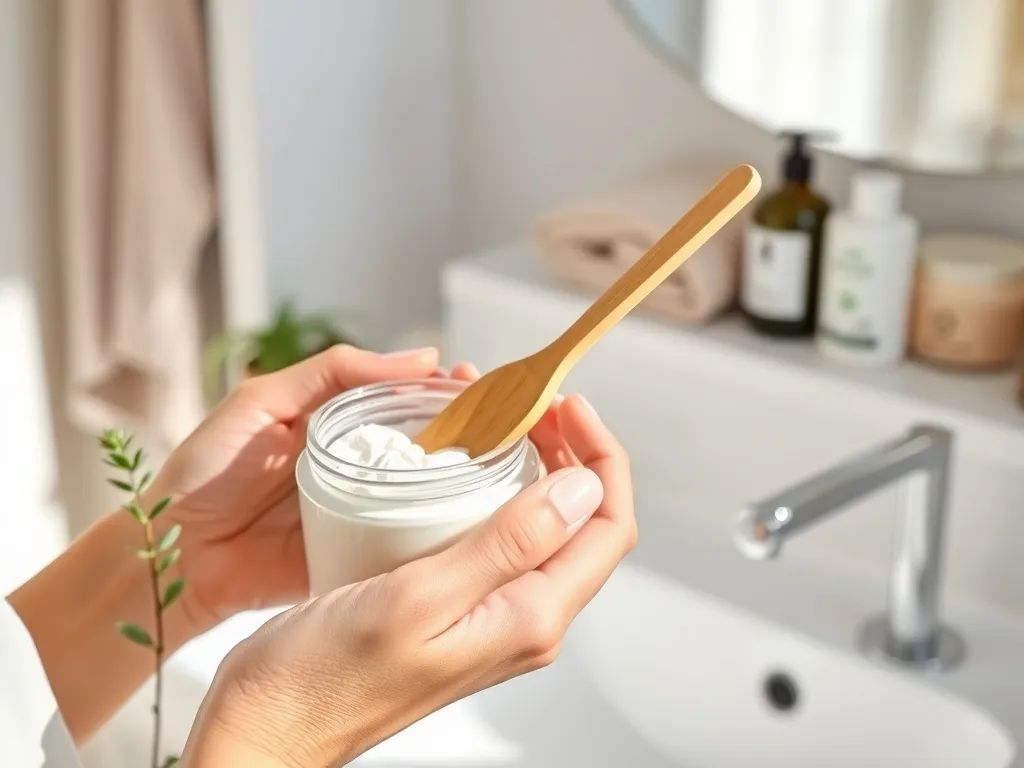 Delikatny peeling enzymatyczny w słoiczku trzymany w dłoniach, na tle jasnej, minimalistycznej łazienki w stylu spa