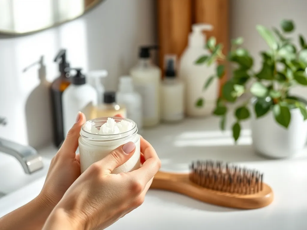 Dłonie kobiety trzymające peeling do skóry głowy i drewnianą szczotkę na jasnym blacie w minimalistycznej łazience