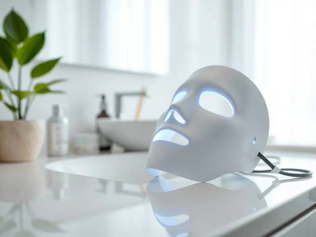 Nowoczesna maska LED na twarz na białym blacie w łazience, elegancki design i atmosfera domowego spa.