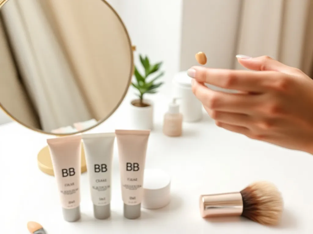 Dłoń nakładająca krem BB na skórę, kilka tubek kremów BB na toaletce – wizualne porównanie produktów do cery.