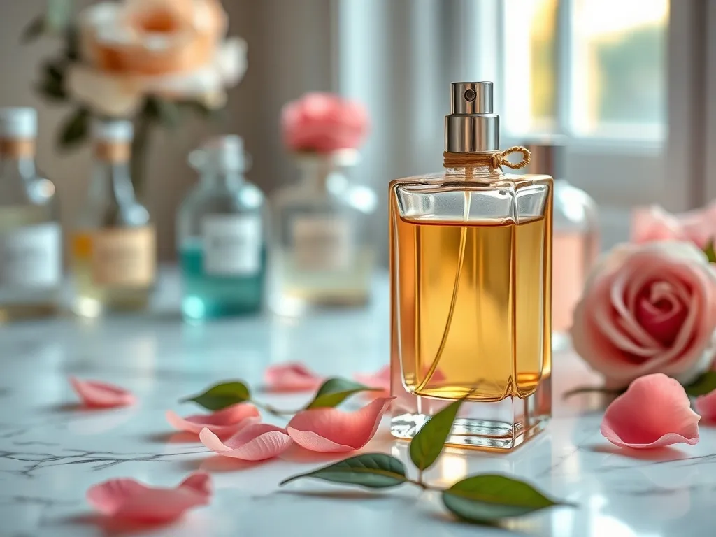Elegancki flakon perfum na marmurze w otoczeniu płatków róż, w tle rozmyte damskie perfumy w pastelowych kolorach