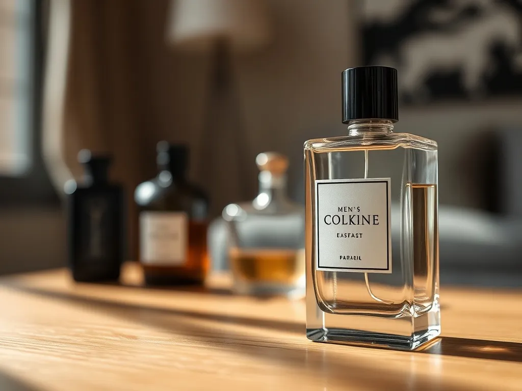 Elegancki flakon męskiej wody toaletowej na drewnianym stole, w tle rozmyte perfumy w przytulnym, nowoczesnym wnętrzu.
