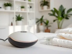 Nowoczesna lampa LED do paznokci na minimalistycznym stoliku manicure, obok lakierów i rośliny w eleganckim salonie.