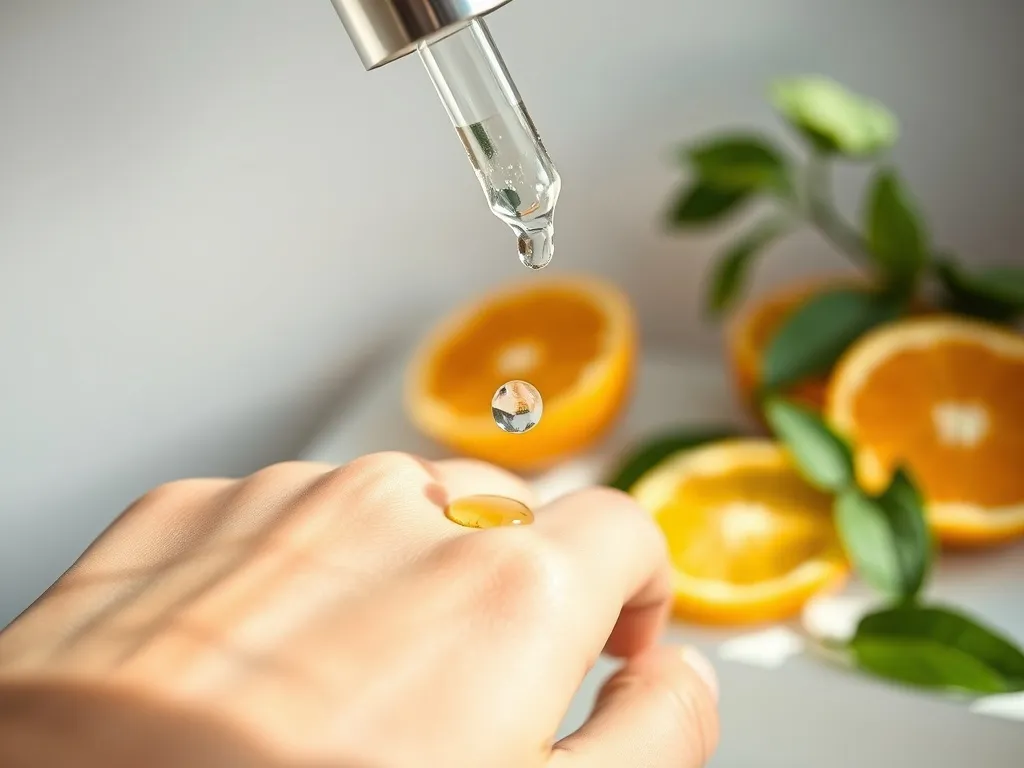 Serum z witaminą C nakładane pipetą na gładką, rozświetloną skórę dłoni, w tle cytrusy i zielone liście.