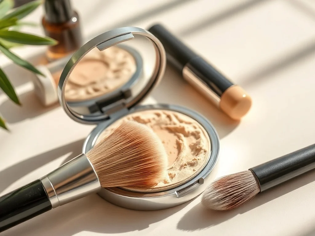 Otwarty puder mineralny z pędzlem na jasnym tle, podkreślający lekkość i naturalne wykończenie makijażu.