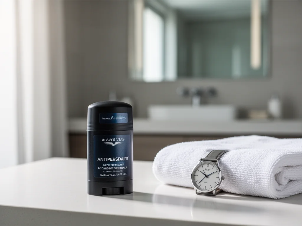 Elegancki męski antyperspirant na łazienkowym blacie, obok ręcznik i zegarek, podkreślające świeżość i zadbany wygląd