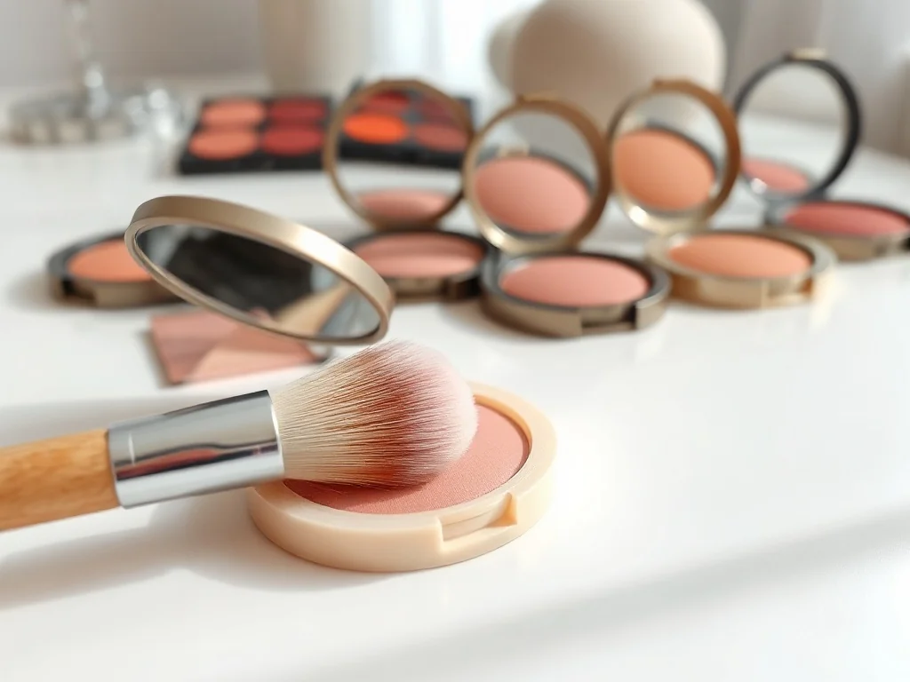 Pędzel muskający róż w naturalnym odcieniu różu, w tle inne róże do policzków w miękkich tonach, jasna, minimalistyczna sceneria