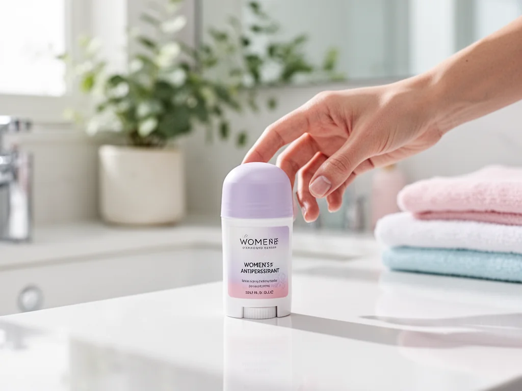 Kobieca dłoń sięga po elegancki antyperspirant na białym blacie w jasnej, nowoczesnej łazience.