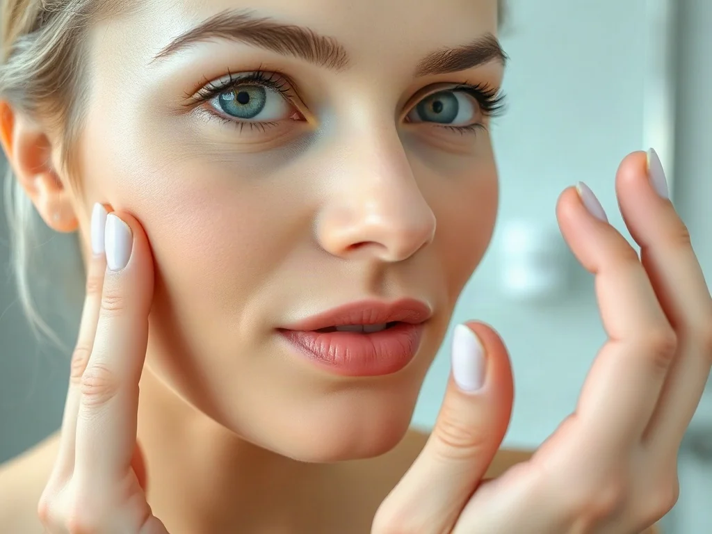 Kobieta nakłada delikatne serum na zdrową cerę w jasnej, minimalistycznej łazience.
