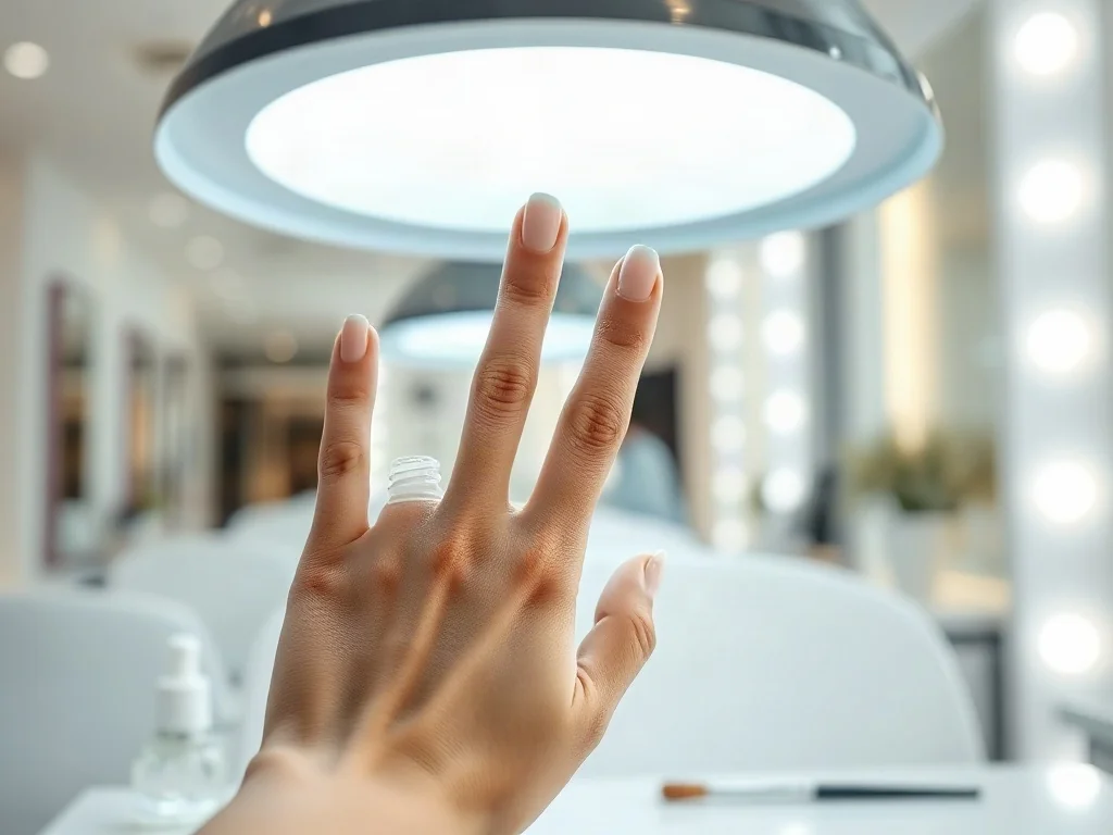 Dłoń z wypielęgnowanymi paznokciami pod lampą UV oraz buteleczka primera, ilustrujące proces profesjonalnej stylizacji.