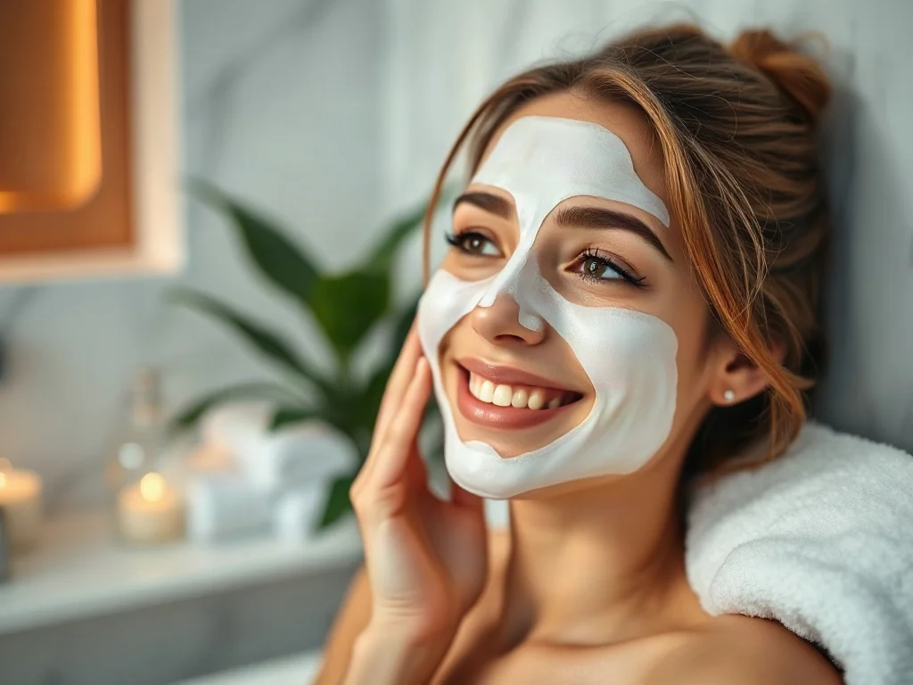 Uśmiechnięta kobieta nakładająca białą maskę w płachcie w przytulnej łazience w stylu spa.