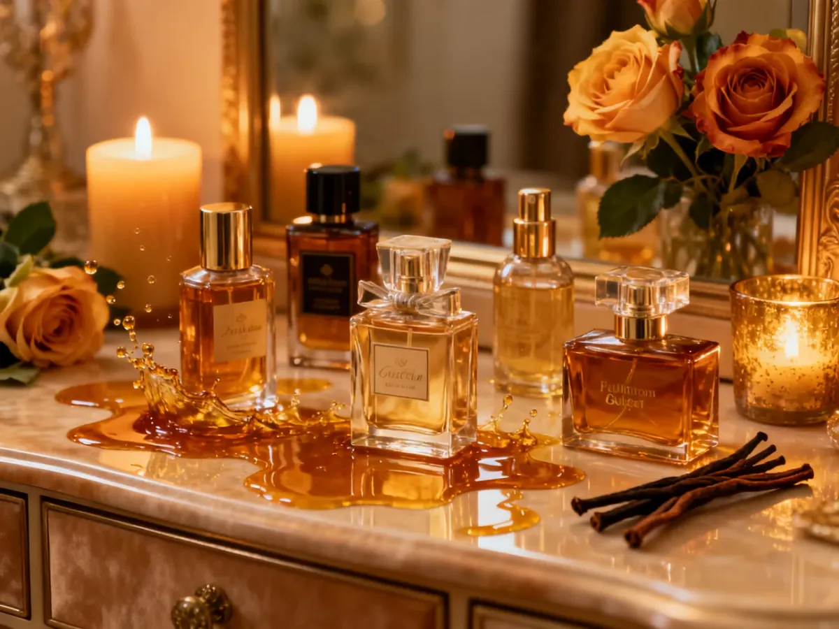Ozdobne flakony perfum Lou de Pre w luksusowej aranżacji