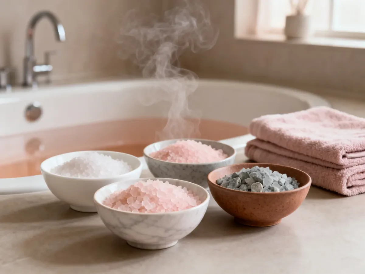 Różne rodzaje soli do kąpieli przygotowane przy wannie w domowym spa
