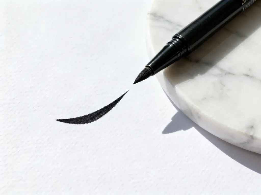 Eyeliner w pisaku leżący na marmurowym blacie obok idealnie narysowanej czarnej kreski na papierze.