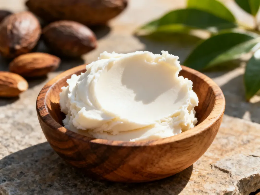 Kremowe masło shea w drewnianej miseczce na tle orzechów i liści, podkreślające naturalny charakter produktu.