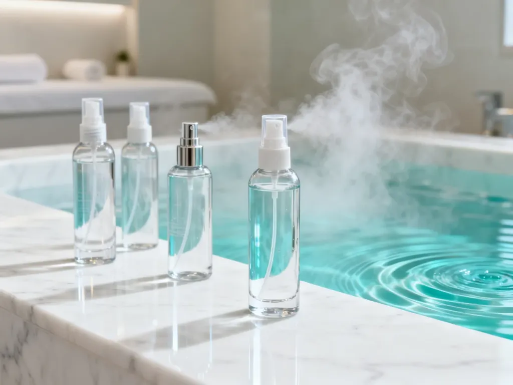 Eleganckie butelki z wodą termalną ustawione na marmurowym blacie w otoczeniu nawiązującym do klimatu spa.