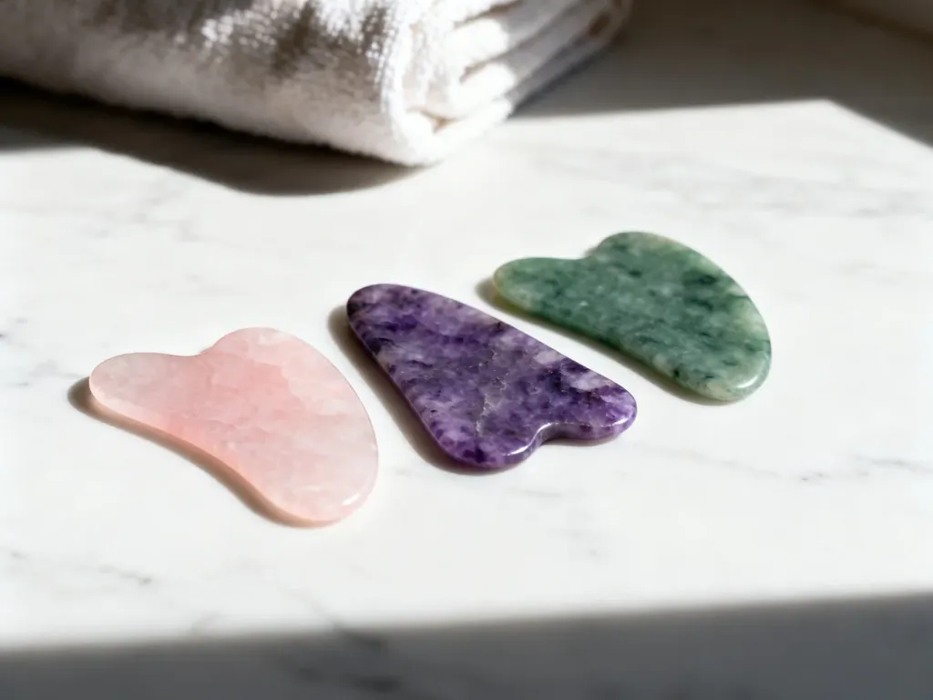 Trzy płytki do masażu Gua Sha z kwarcu różowego, jadeitu i ametystu ułożone na marmurowym blacie w stylu spa.