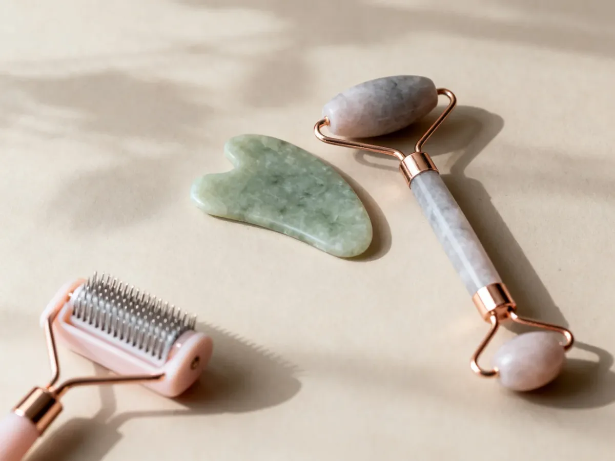 Kamienny roller do masażu obok derma rollera z igłami