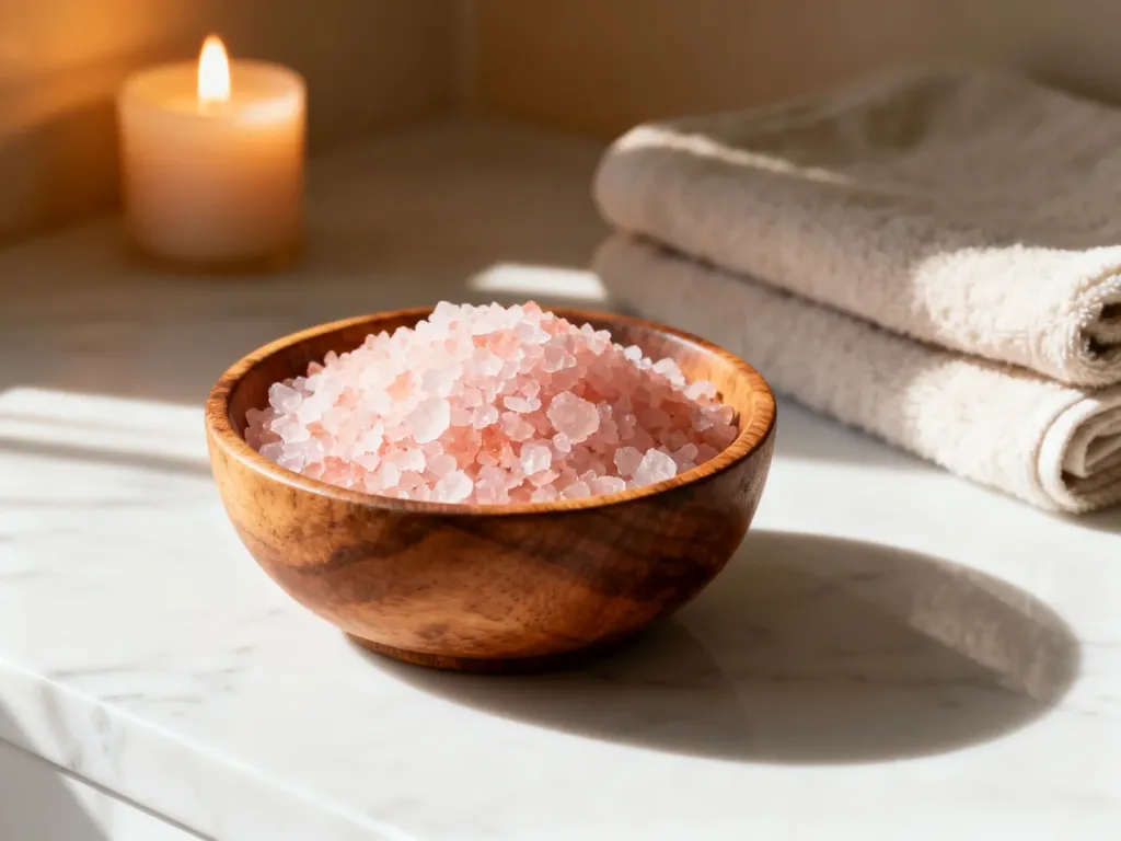 Różowa sól himalajska w drewnianej misie na marmurowym blacie w otoczeniu świecy i ręcznika, tworząca relaksujący klimat spa.