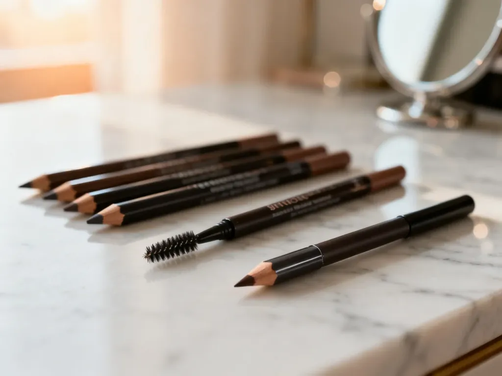 Eleganckie kredki do brwi ułożone na marmurowym blacie, prezentujące precyzyjne końcówki produktów do makijażu.