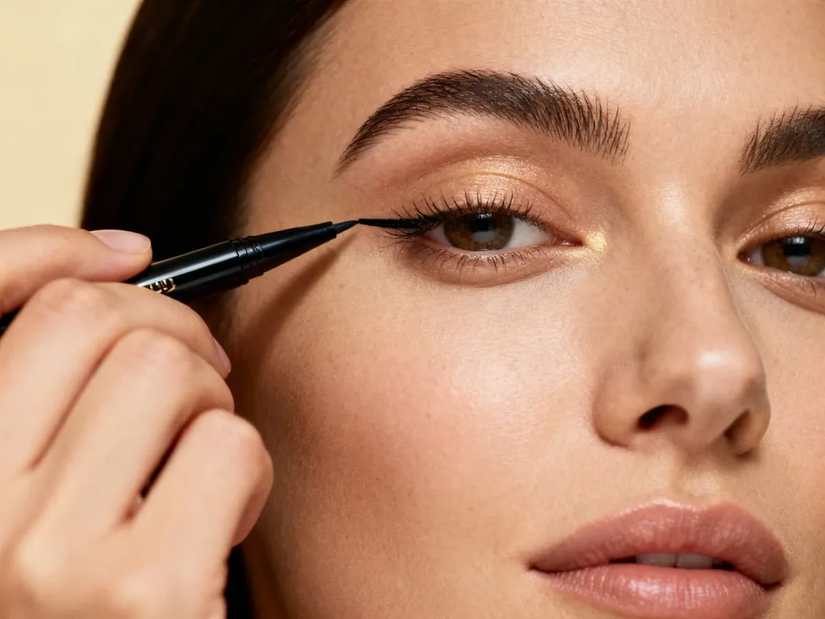 A woman applying a precise eyeliner line with a felt-tip pen
