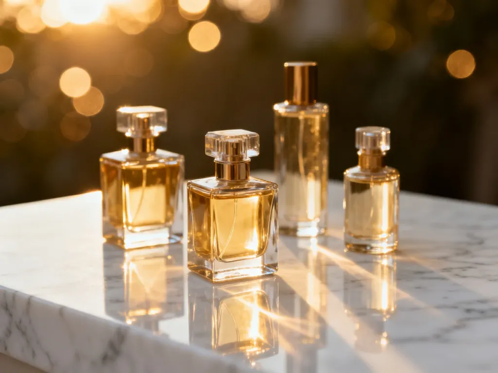 Eleganckie flakony perfum ustawione na marmurowym blacie w ciepłym, luksusowym świetle.