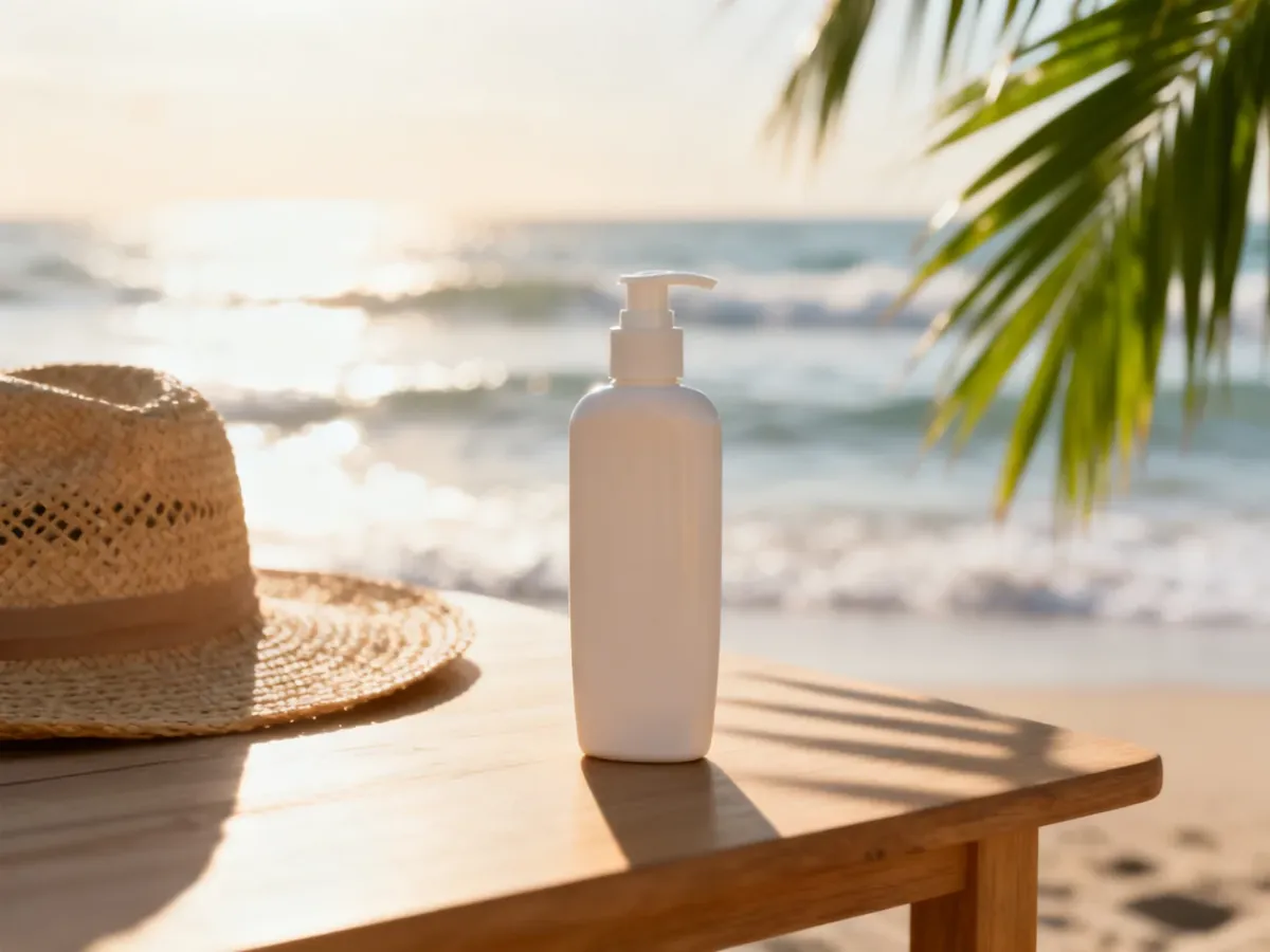 Butelka kremu z filtrem SPF na drewnianym stole w otoczeniu plażowych akcesoriów, podkreślająca ochronę skóry przed słońcem.