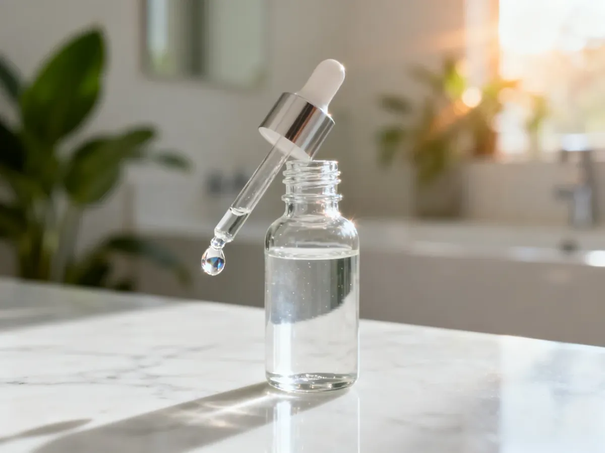 Szklana buteleczka z serum hialuronowym z pipetą na marmurowym blacie, podkreślająca nawilżające właściwości kosmetyku.