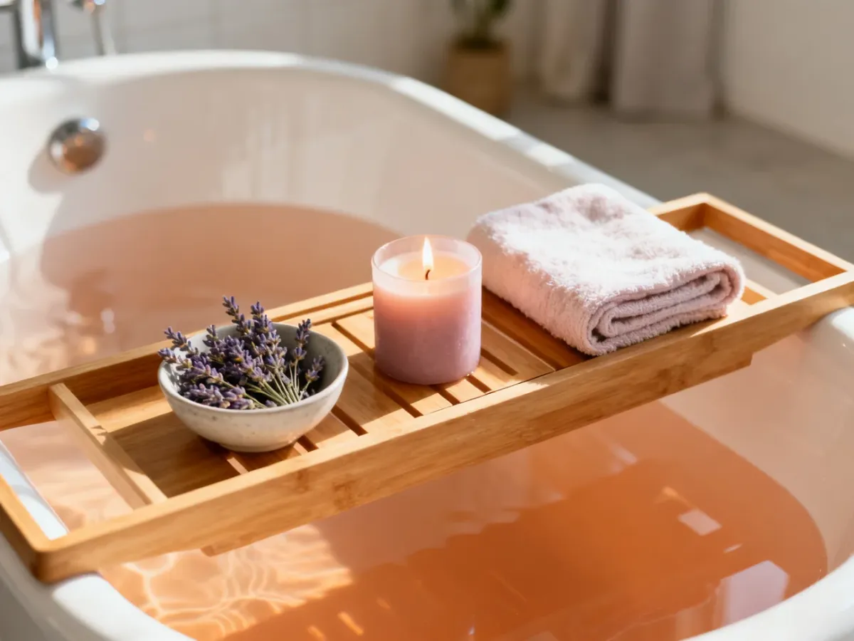 Drewniana taca z lawendą, świecą i ręcznikiem na brzegu wanny, tworząca relaksującą atmosferę domowego spa.