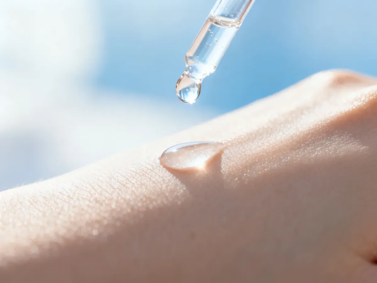 Kropla nawilżającego serum spadająca na zdrową, gładką skórę, podkreślająca efekt głębokiego nawilżenia.