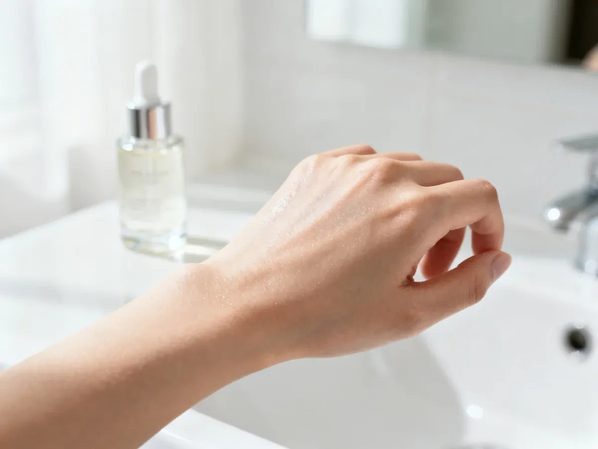 Zbliżenie na gładką, zdrową skórę twarzy w jasnej, minimalistycznej łazience z serum w tle.