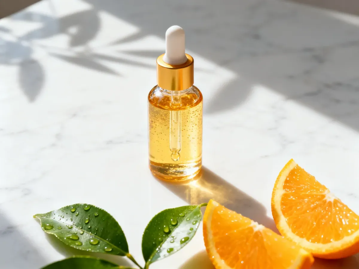 Szklana buteleczka z serum z witaminą C na marmurowym blacie w otoczeniu świeżych pomarańczy i liści cytrusów.