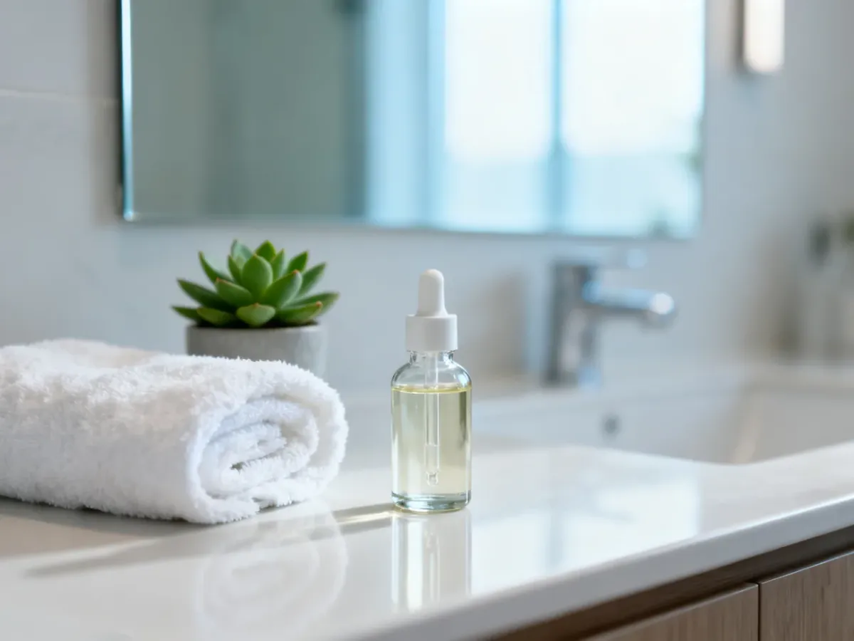 Minimalistyczny zestaw do pielęgnacji skóry z serum, ręcznikiem i rośliną, symbolizujący codzienną rutynę oczyszczania.