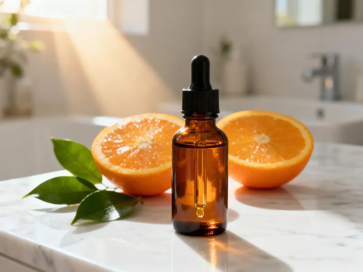 Bursztynowa buteleczka serum z witaminą C obok świeżych pomarańczy na marmurowym blacie w słonecznej łazience.