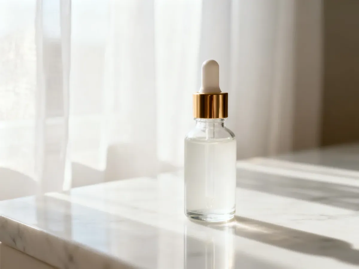 Elegancka buteleczka serum na marmurowym blacie w promieniach porannego słońca, symbolizująca pielęgnację cery.