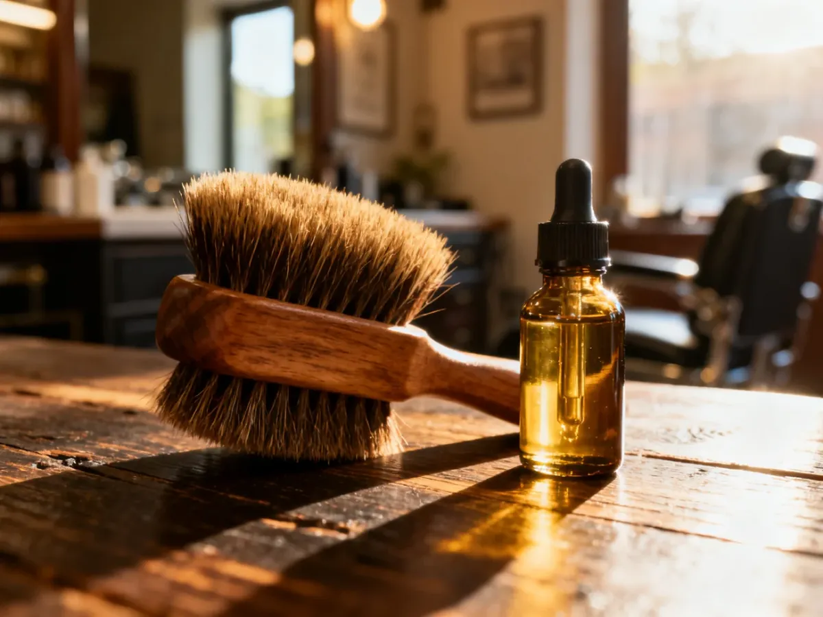 Drewniana szczotka z naturalnym włosiem i olejek do brody na dębowym stole w klimatycznym wnętrzu barbershopu.