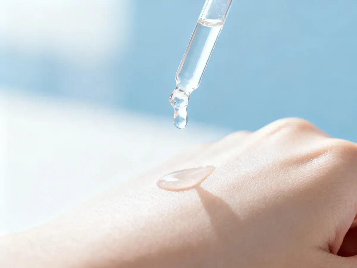 Kropla nawilżającego serum na gładkiej, zdrowej skórze, podkreślająca efekt głębokiego nawilżenia.