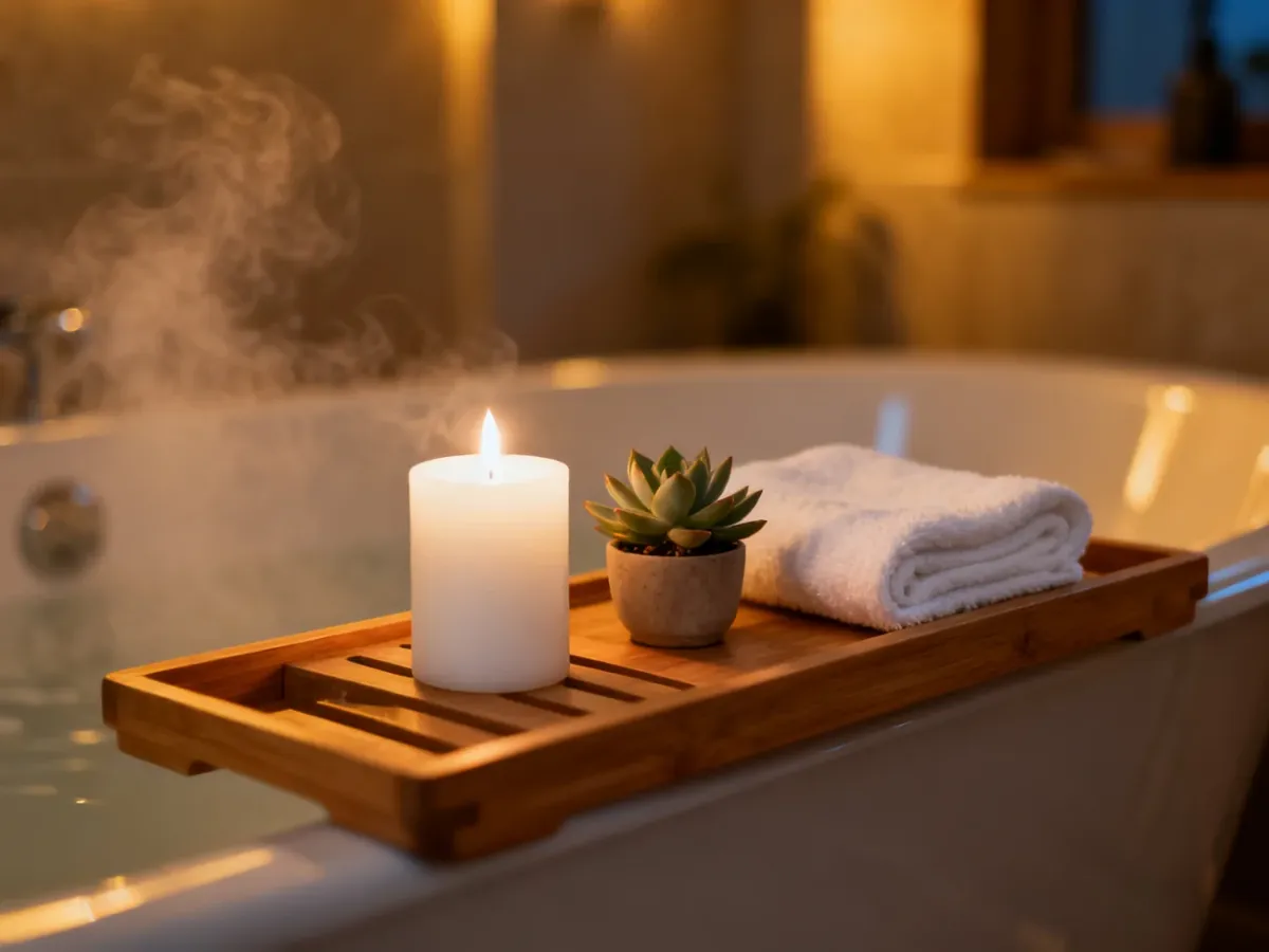 Drewniana taca na wannie z zapaloną świecą, ręcznikiem i rośliną, tworząca relaksującą atmosferę domowego spa.