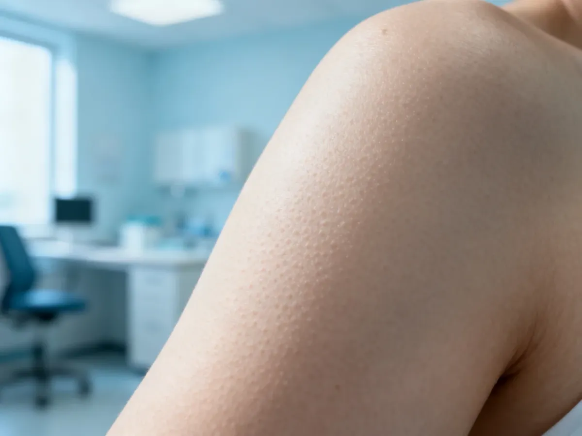 Zbliżenie na teksturę skóry twarzy z widocznymi porami, wykonane w profesjonalnym gabinecie dermatologicznym.