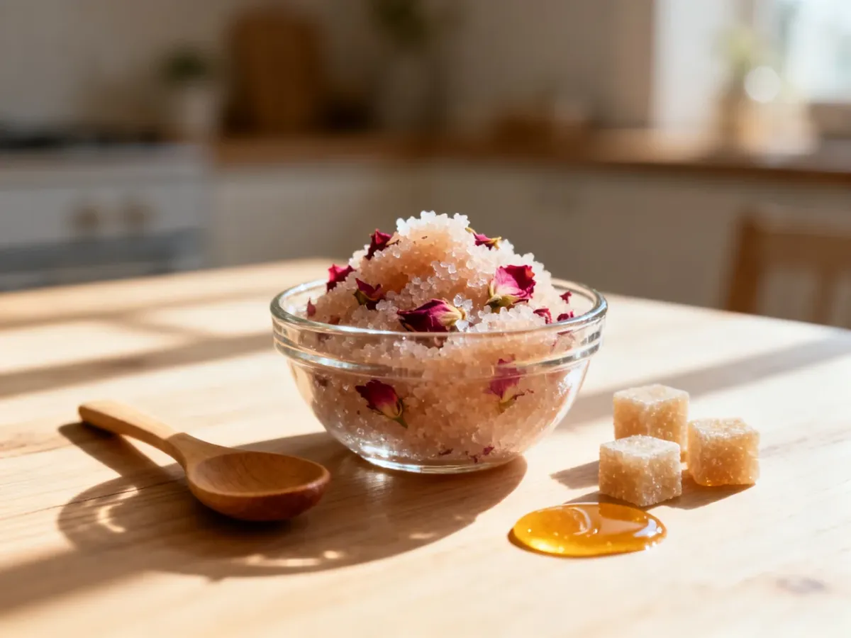 Domowy peeling cukrowy z płatkami róż w szklanej miseczce, przygotowany z naturalnych składników na drewnianym stole.