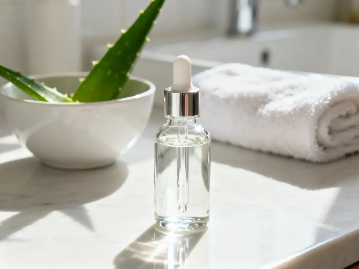 Szklana buteleczka z serum do twarzy oraz liść aloesu na minimalistycznym blacie, symbolizujące naturalną pielęgnację cery.