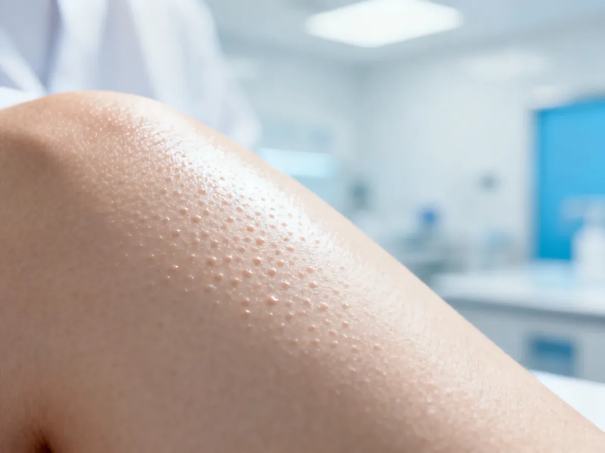 Zbliżenie na teksturę zdrowej skóry w profesjonalnym ujęciu makro, utrzymane w sterylnej, klinicznej tonacji.