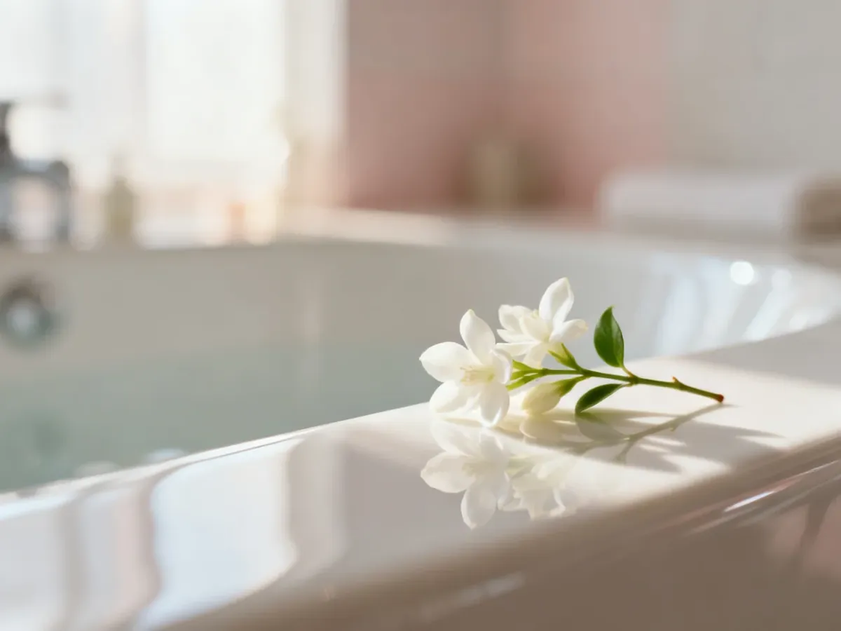 Gładka, porcelanowa powierzchnia z kwiatem jaśminu, symbolizująca nieskazitelną i zadbaną cerę w klimacie spa.